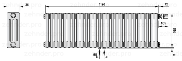 Схема (чертеж) Радиатор Zehnder Charleston 4055/26 №V008 Белый глянцевый RAL 9016